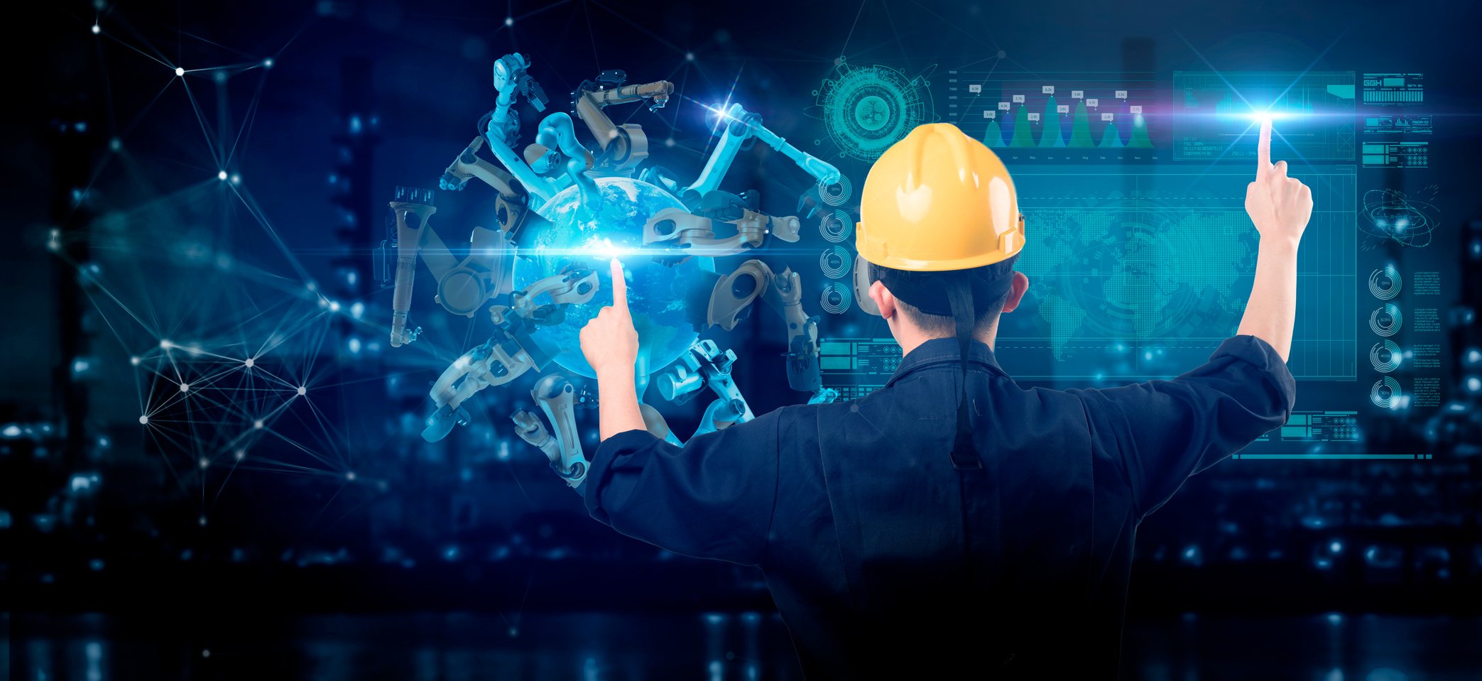 Engineer smart factory machine AR augmented reality digital technology futuristic, industry productive management VR technology app system production control